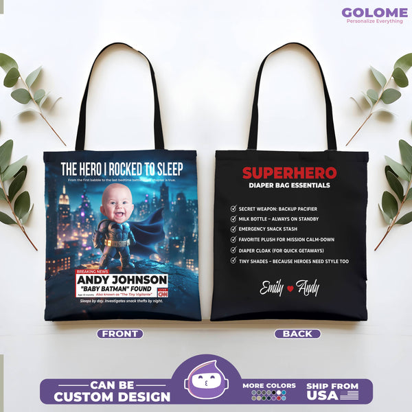 Personalized Superhero Baby Tote Bag – Baby Batman Design with Custom Photo & Quote